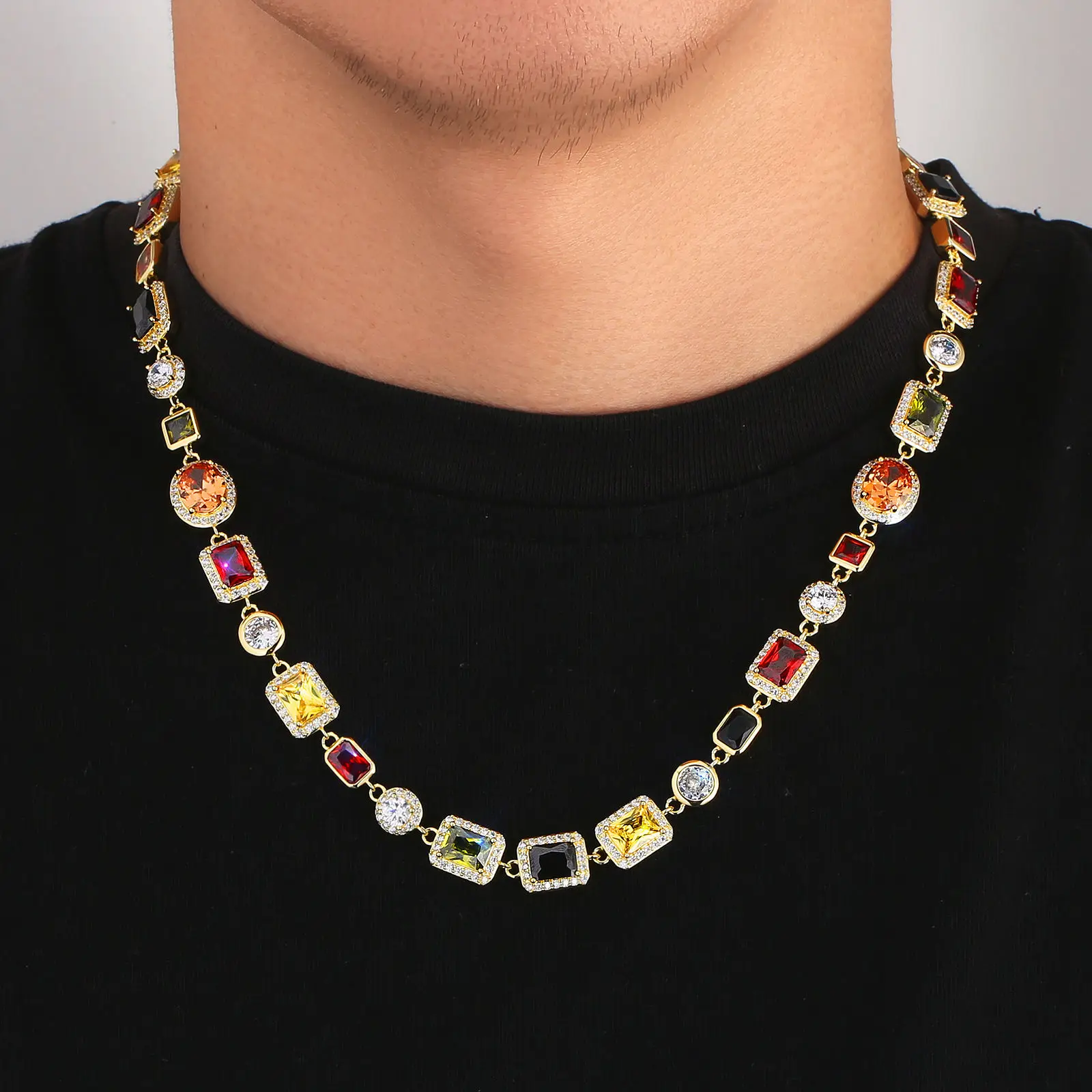

Gorgeous Mixed Gemstone Tennis Chain 5A CZ Gem 18K Gold Plated Vintage Multi Colored Jewelry Necklace For Women Men