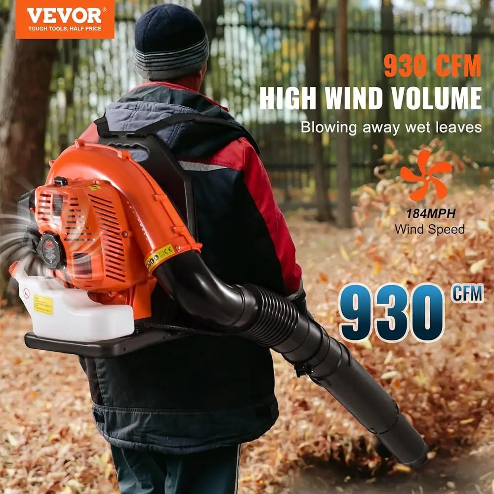 79cc Backpack Gas Leaf Blower 2-Cycle 930CFM Air Volume 184MPH Speed Adjustable Ergonomic Design Noise Reducing Accessories