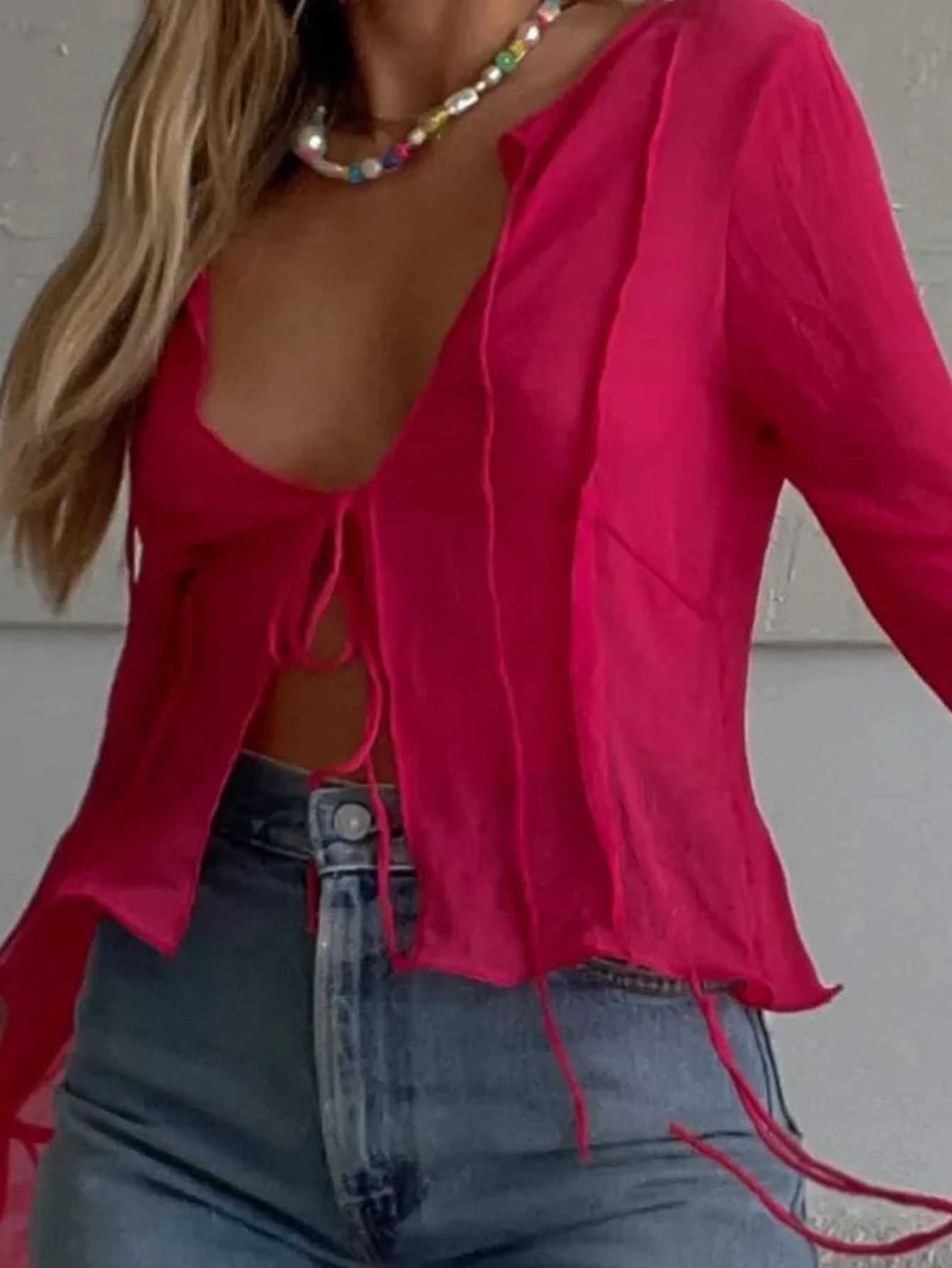 

Women Sexy See Through Y2k Mesh Cardigan Tshirt Vintage Flare Sleeve Tie Front Top Ruffle Buttons Blouse Streetwear