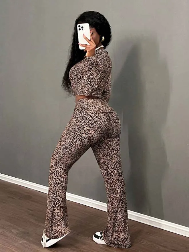 Customized LOGO European American women\'s clothing 2025 spring V-neck lace leopard print sexy casual high-waisted suit