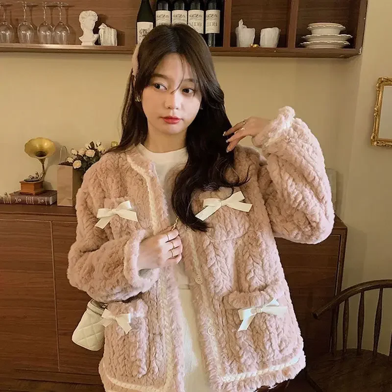 

AzaleeKa Sweet Bow Woolen Jackets Women Autumn Winter Retro O Neck Loose Coat Korean Fashion Warm All Match Tops Chaquetas