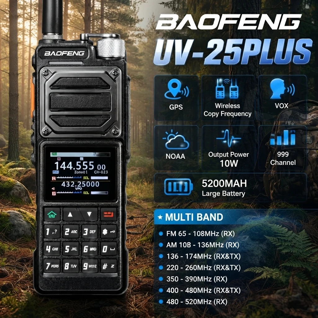 Talkie-walkie Baofeng 5200 mAh, autonomie prolongée, UV-25 Pro Max, GPS, 10 W, communication extérieure, amélioration avec une antenne plus longue, radio amateur