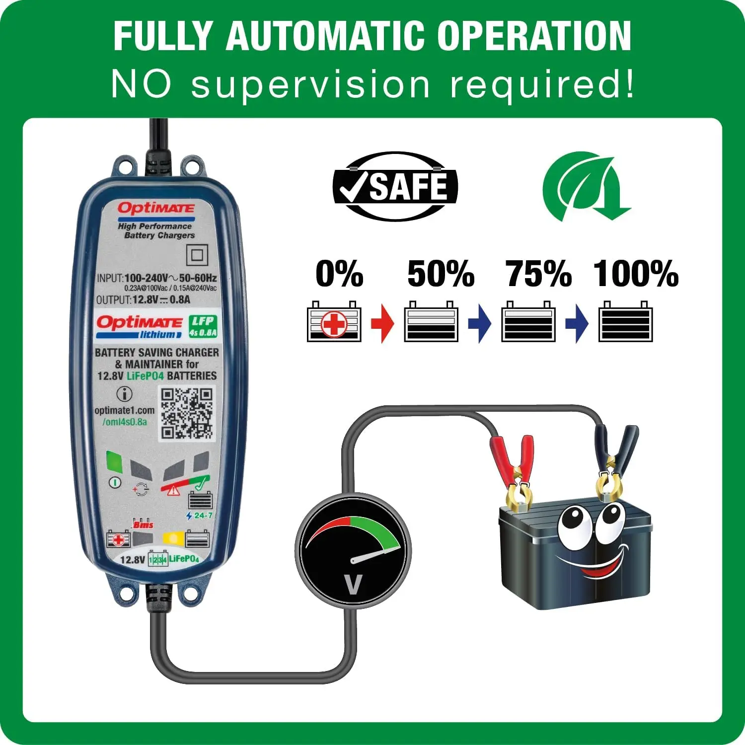 4s 0.8A Lithium Battery Charger & Maintainer, 12.8V with BMS Wake-Up Mode for Extended Life