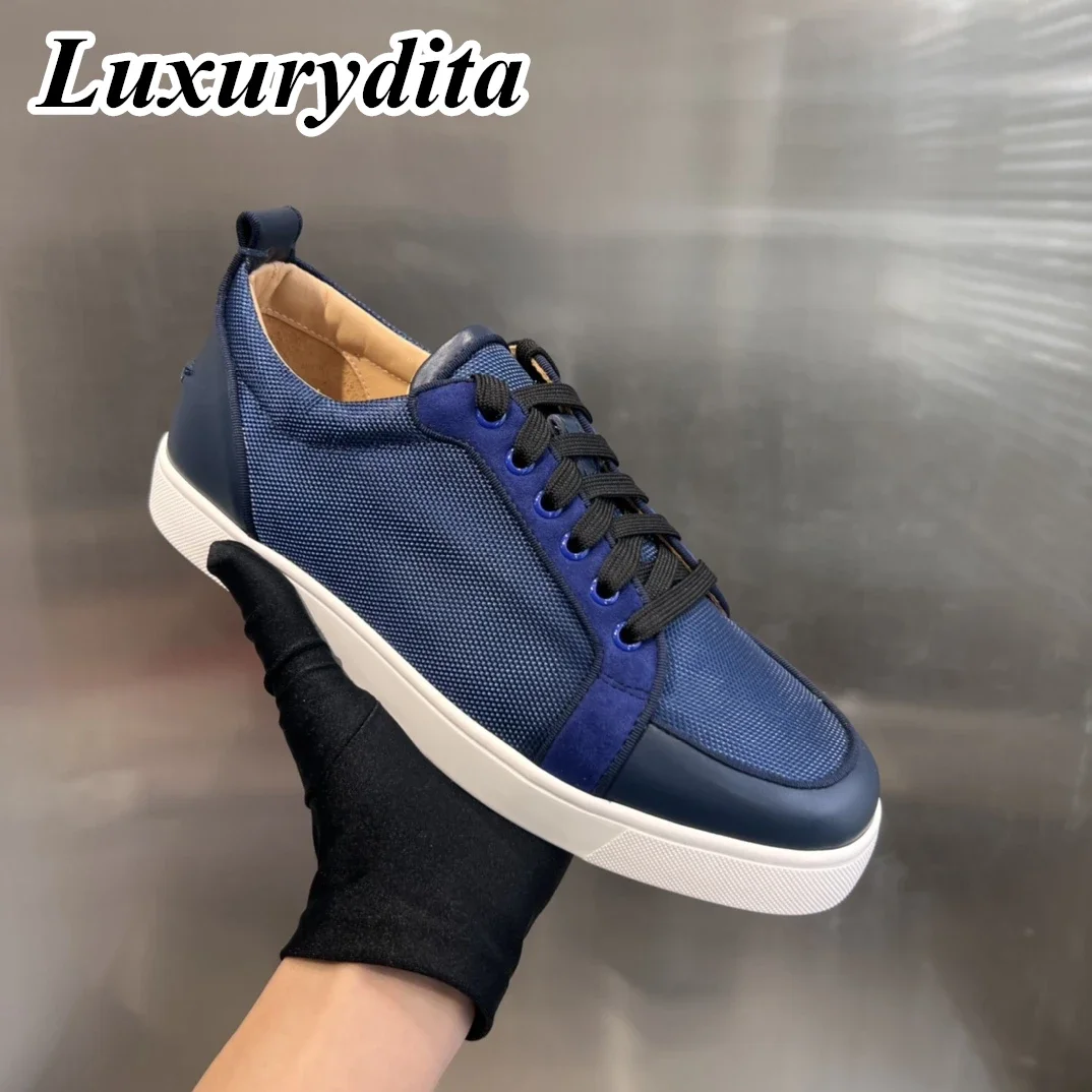 

Top Quality Womens Trendy Casual Sneakers Luxury Mens Real Leather Tennis Shoes Designr Red Sole Tide Lovers Rivet Shoes HJ0256
