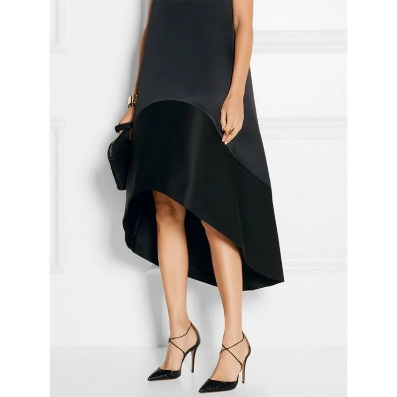 فستان صيفي أسود غير منتظم للنساء 2025 لربيع وصيف رقبة مستديرة بدون أكمام على شكل حرف a فساتين طويلة أنيقة للحفلات 176961