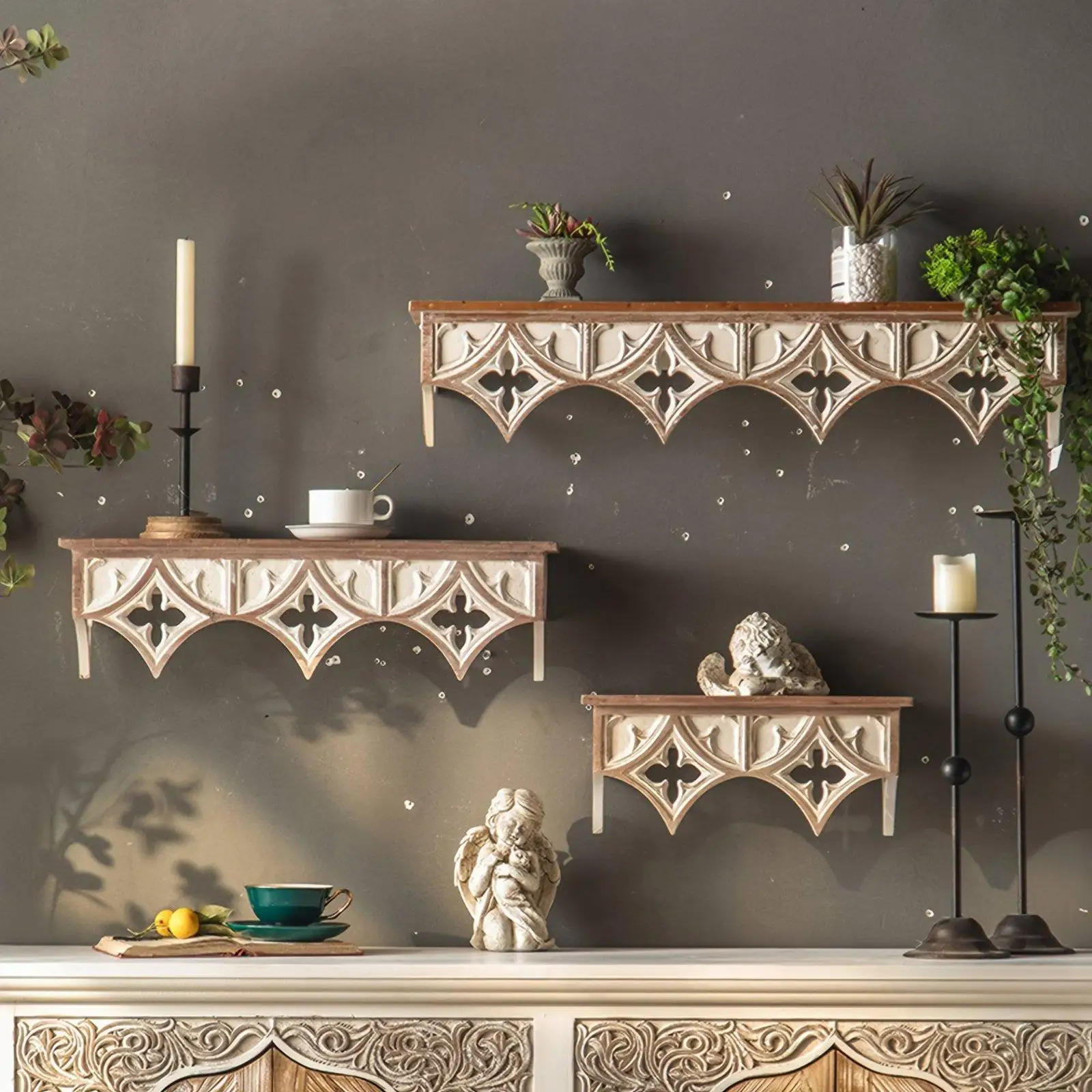 Wooden Wall Shelf Floating Storage Rack Distressed Vintage Display Shelf for Bedroom Living Room Book Decor