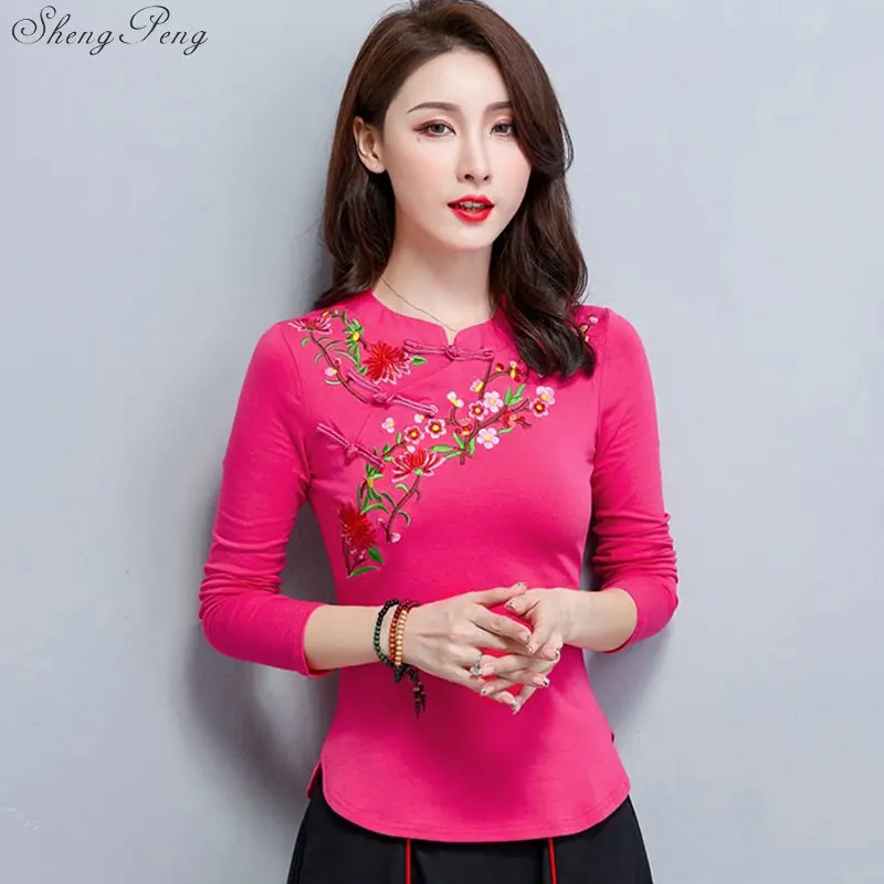 Traditional chinese blouse shirt tops for women mandarin collar oriental linen shirt blouse female elegant cheongsam top V1747