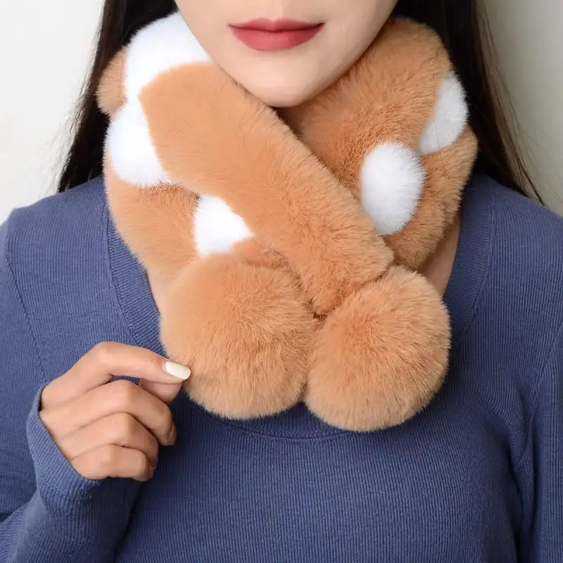 Winter Thick Warm Cross Scarf Women Soft Faux Rabbit Fur Collar Neck Protection Two-Colors Double Tube Plush Wrap Warmer Scarves