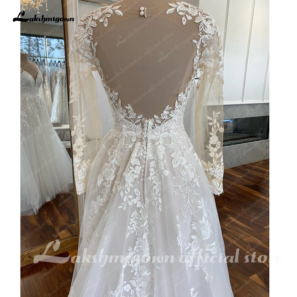 Lakshmigown A-Line V-Neck Long Sleeves Wedding Dress for Beach Bead Appliques Backless Sweep Train Party Dresses for Wedding