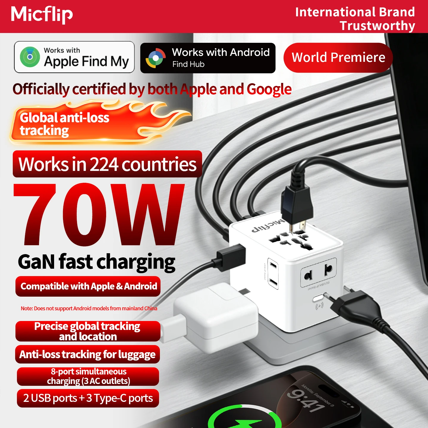 Micflip Find My Universal Travel Adapter GPS Locator Fast Charger USB Ports Type-C PD Charging Travel Adapter EU/UK/USA/AUS Plug