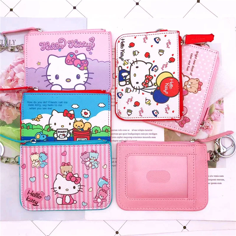 Kawaii Sanrio Hello Kitty Students Pu Campus Card Holder Coin Purse Cute Keychain Anime Card Case Pendant Woman Wallet Girl Gift