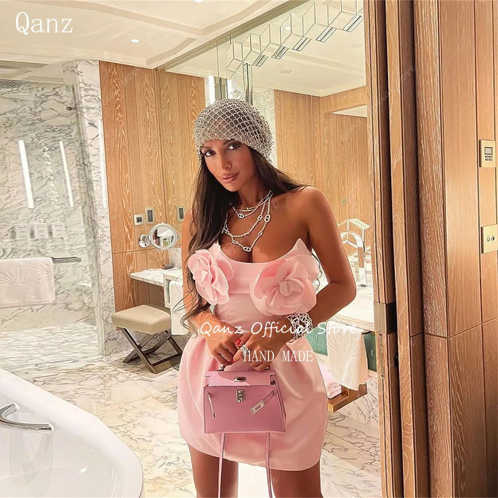 

Qanz Modern Pink Prom Dresses Satin Mini Elegant Dresses For Special Event Flowers Short Strapless Vestidos De Gala Customized