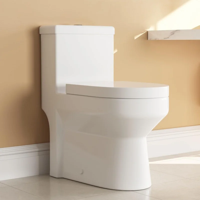 Small Compact One Piece Toilet For Bathroom, Dual Flush Toilet With Soft Closing Seat,12