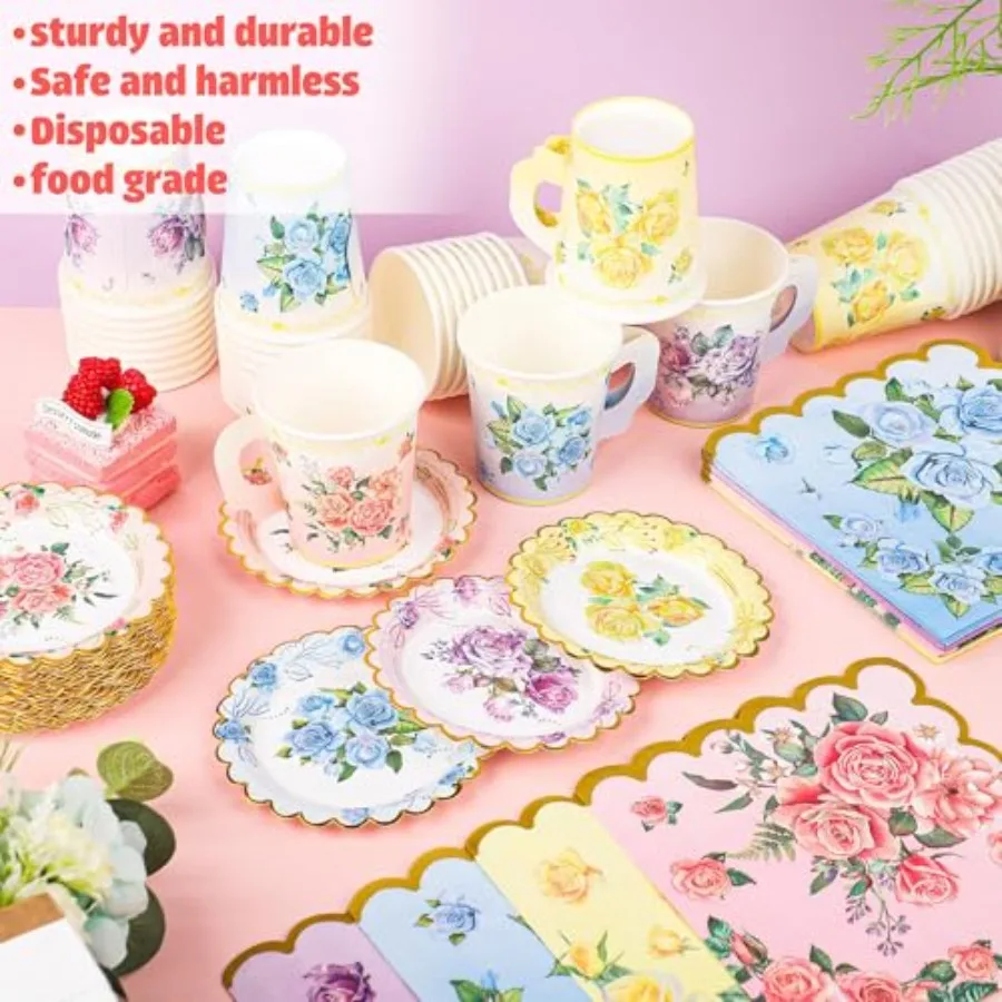 40セットの花柄ティーカップとソーサー、使い捨てティーパーティー用品、カラフルな花柄ティーカップ（ハンドル付き）、ペーパーナプキン、食器