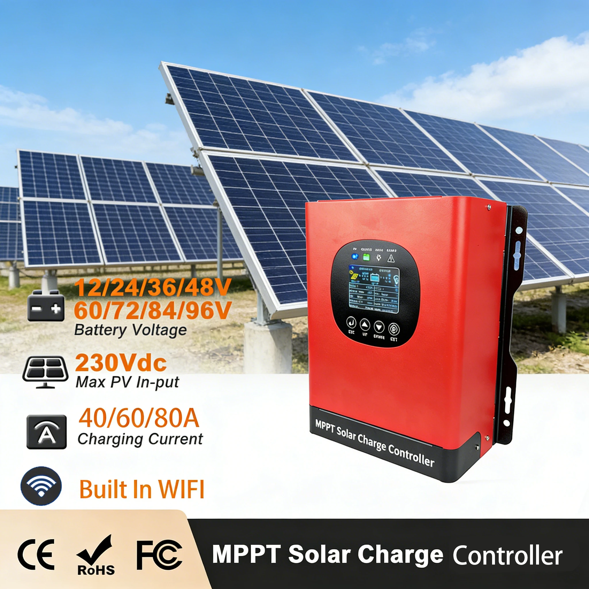 100 Ampere 230VDC Home RV Solar Charge Controller For 12-96V Lifepo4 Lithium Lead Acid Off grid Solar Panel Boat System