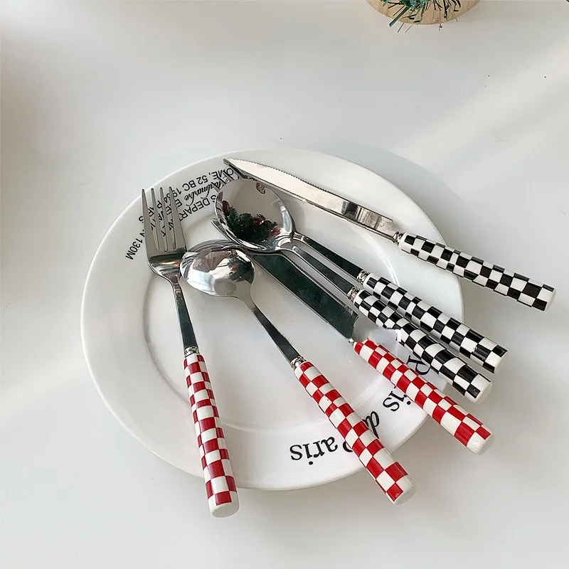 Eco Friendly  Irregular Checkerboard Stainless Steel Knife Fork Spoon Western Tableware Set Steak   Fruit 