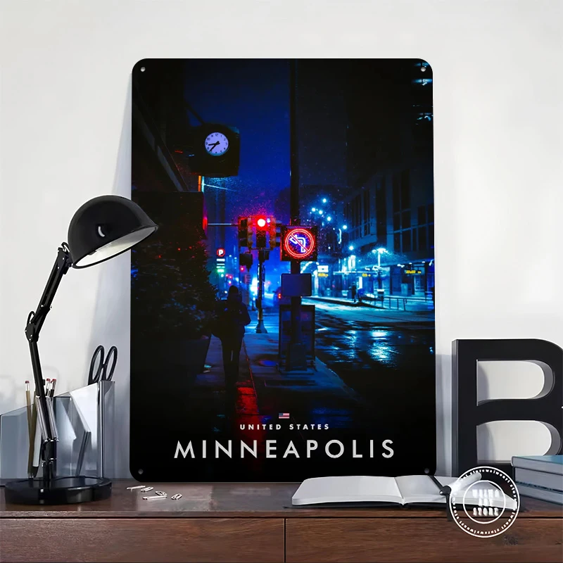 Minneapolis At Night in Snow Metal Poster Customized Wall Art Retro Vintage Tinplate Signs for Wand Deko Room Decorations Man