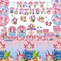 Pink Salamander Cute Cartoon Axolotl Theme Kids Birthday Party Banner Disposable Tableware Paper Napkins Cups Plates Tablecloths