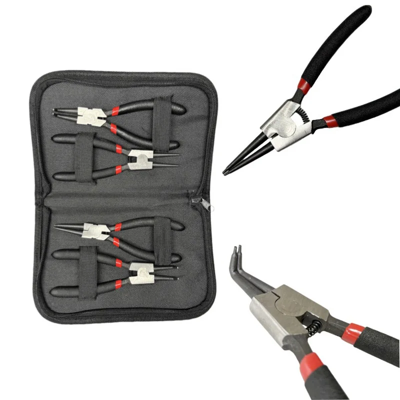 

4pcs Circlip Plier Set 7'' Long Nose Staight Bent Plier Inner Outer Black Needle-Nose Plier Retaining Snap Ring Remover Tool