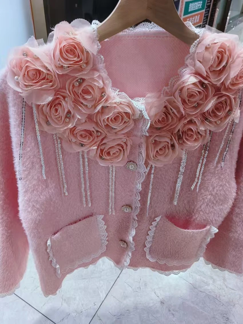 

Real Photo Luxury 3D Diamonds Flower Stitch Knitwear Cardigan Coat For Women Thick Sweet Winter Sweater Outwear Knitted Jacket