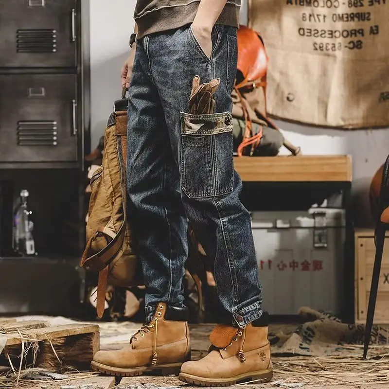 New men\'s retro work jeans cotton multi-pocket casual hundred loose jeans Y2K fashion trend hip-hop streetwear men\'s clothing