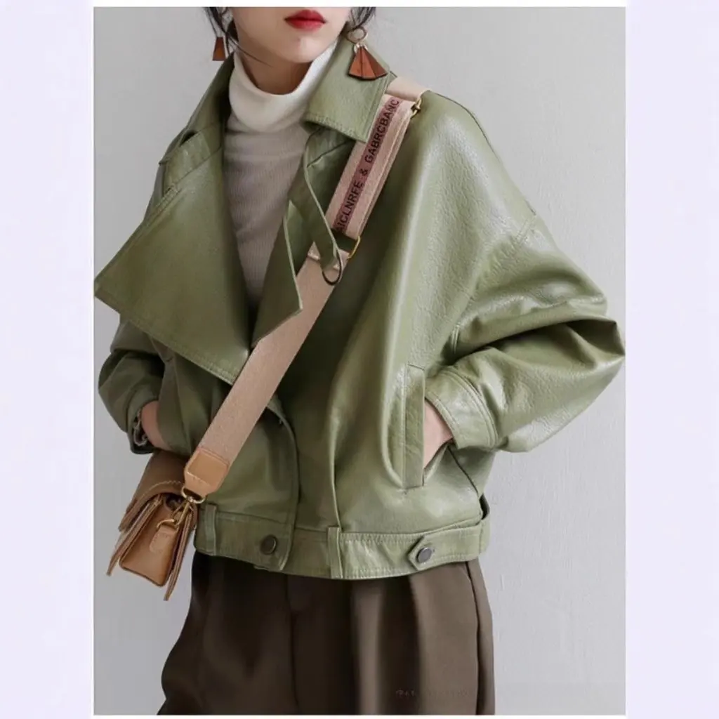 Lose Lederjacke für Damen, Motorrad-Stil, koreanische Version, Retro-Bf-Kurzmantel mit hoher Taille für Frühling und Herbst