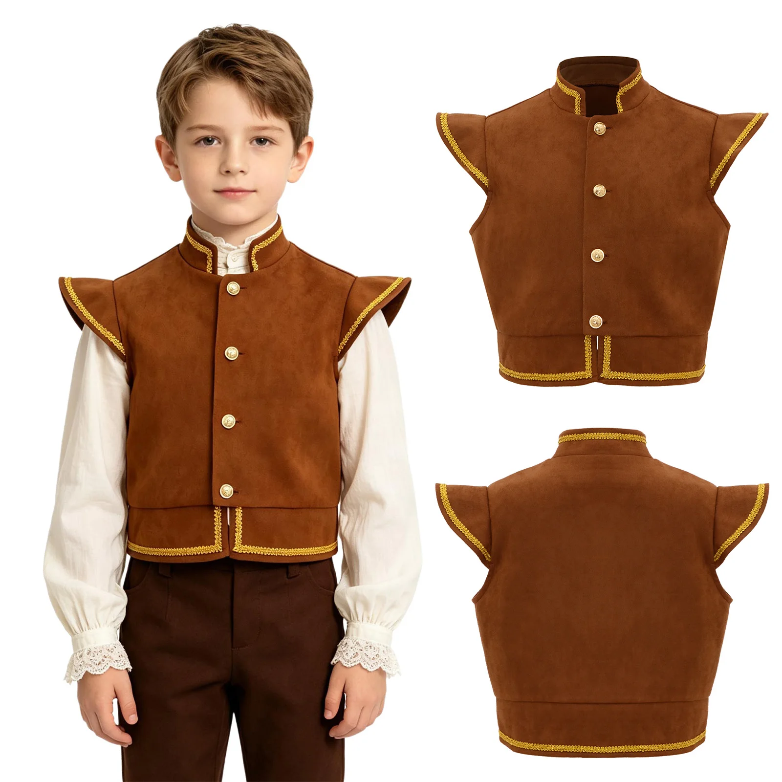 Disfraz Medieval Renacentista para Niños, Chaleco de Gamuza Sintética con Ribete Dorado, Chaleco de Manga Corta con Botones para Halloween, Cosplay y Fiestas Temáticas