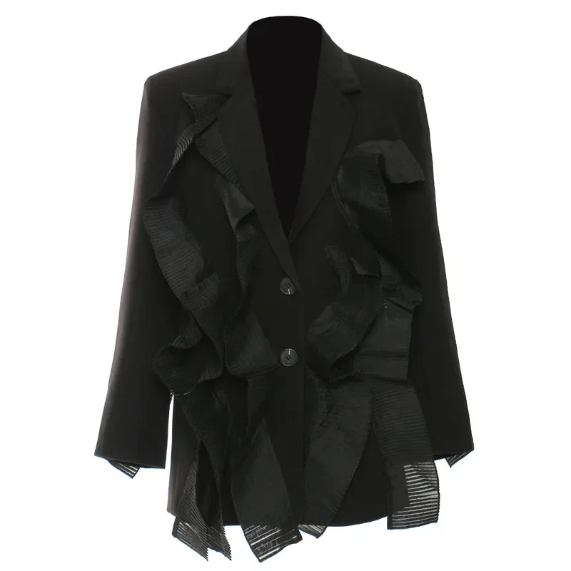 Jaket Blazer wanita, setelan baju kantor Formal wanita Ruffles Tulle, pakaian jalanan wanita panas, mantel musim gugur