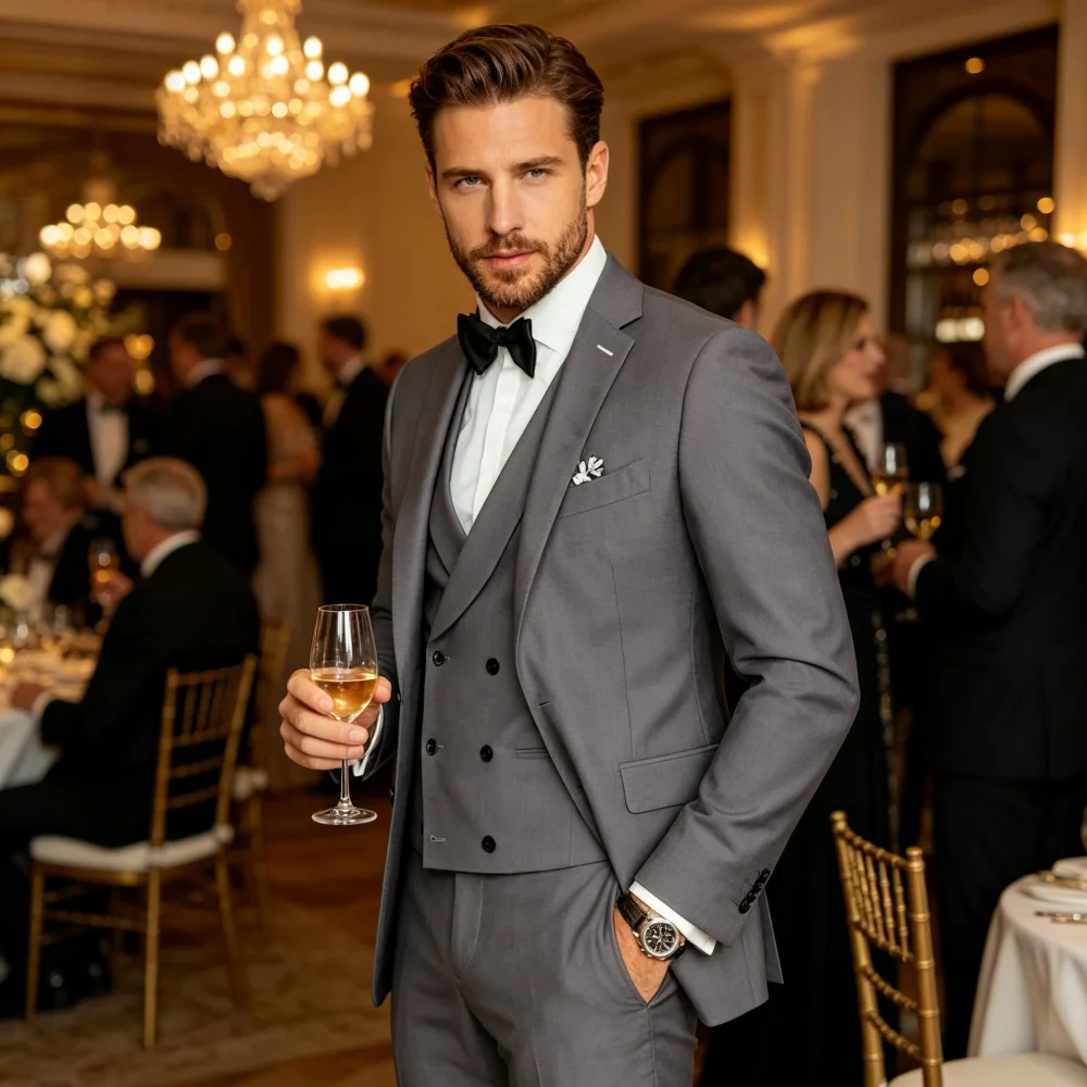 

Элегантный мужской костюм-тройка: пиджак с вырезанными лацканами, жилет и брюки. Формальный комплект.