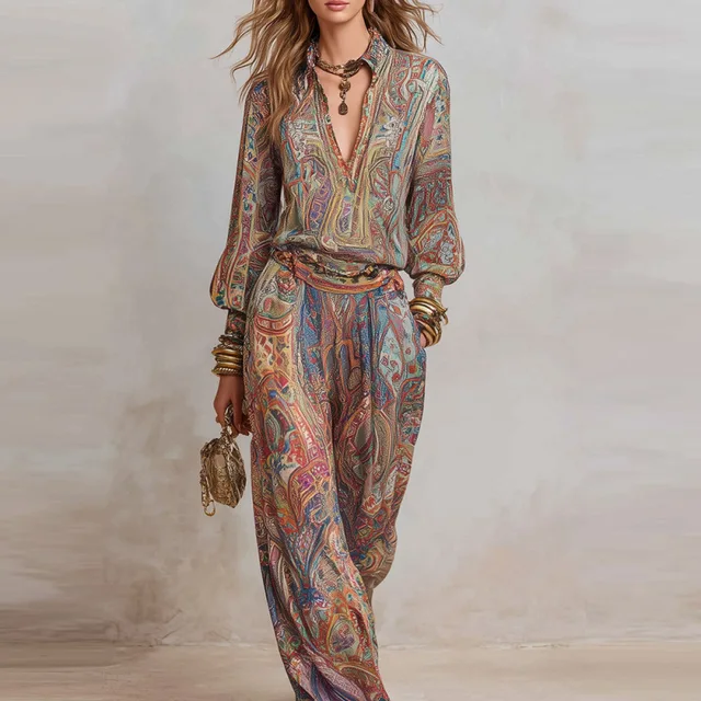 MsChuh Conjuntos de dos piezas para mujer, blusa de manga larga con cuello en V y estampado bohemio, pantalones de pierna ancha, trajes informales, cómodos y holgados