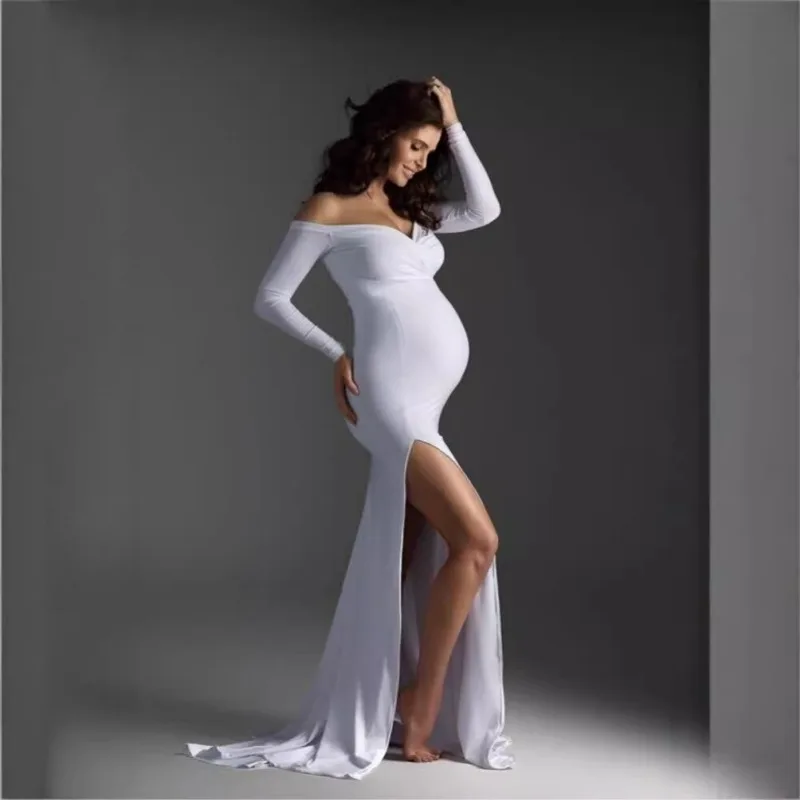 

European American Women Japanese Cotton Maternity V Neck Hem Train Maxi Dress Photography Dress