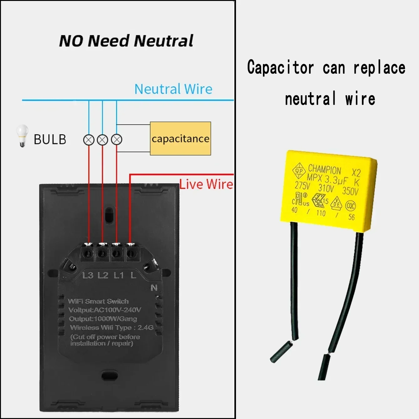 Condensador de seguridad 275VAC 3.3UF Condensador de película de polipropileno, adecuado para interruptores táctiles inteligentes sin ventiladores eléctricos neutros, etc.