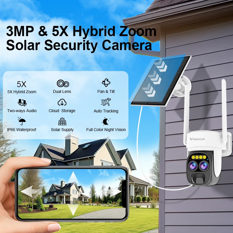 Vstarcam 3MP 2K Outdoor Wifi Dual Lens Camera 5X Zoom PTZ Wireless Solar Camera AI Auto Tracking CCTV Surveillance IP Camera