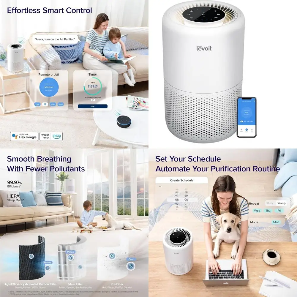 

Умный очиститель воздуха с голосовым управлением, HEPA-фильтром, режимом сна, идеально подходит для спален и общежитий, сертифицирован AHAM, 3-ступенчатая фильтрация