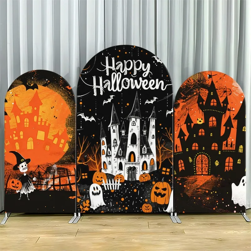 

Arch Backdrop Cover Single Side Halloween Spooky Castle Ghosts Pumpkins Orange Party Decoration Photo Booth Background Event