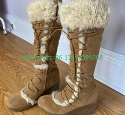 Lady Brown Lace-Up Suede Fur Design Knee Boots Wedges Heel Fur Warm Winter Boots New Arrive Runway Boots Footwear Size 35-46