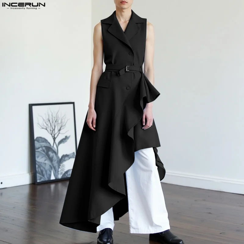 

INCERUN Men Vests Solid Lapel Sleeveless Irregular Vests Men 2025 Ruffle Fashion Male Long Style Waistcoats With Belt Streetwear