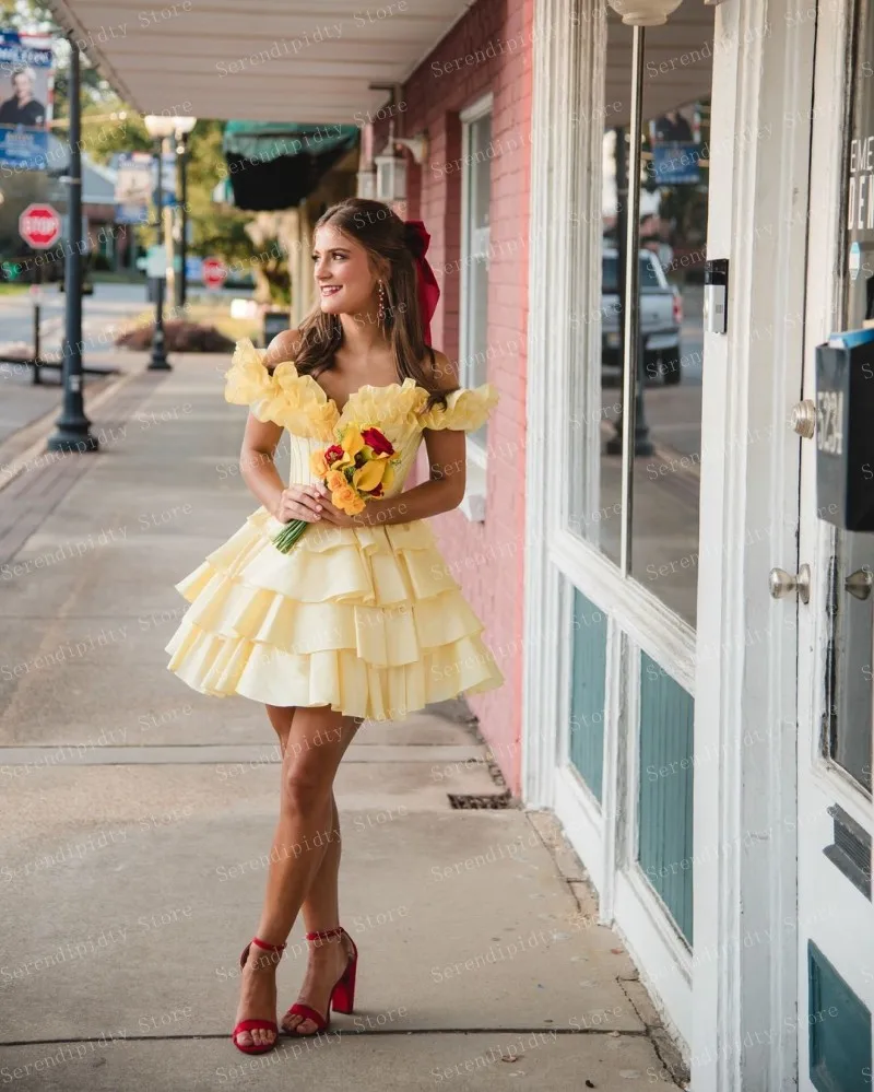 Serendipidty fora do ombro amarelo babados em camadas vestido de cetim mini comprimento roupas femininas flores rendas até voltar vestido de festa à noite