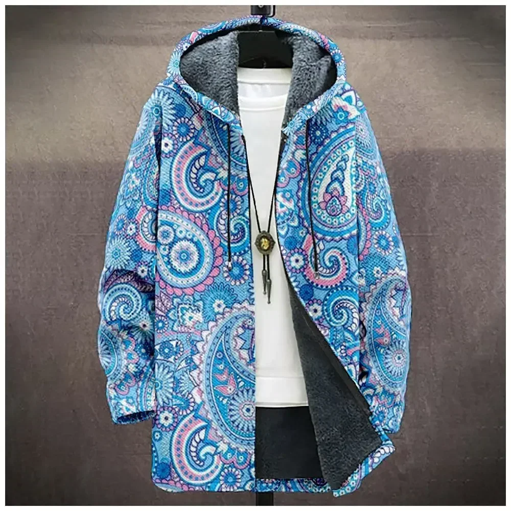 Men Cardigans Coats Cashew Flower Pattern Abstract Art Graphics Printed Plush Thick Winter Casual Streetwear Unisex Clothing