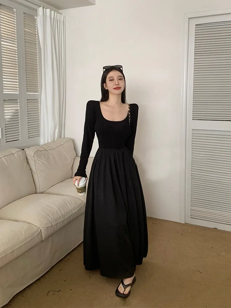 

Slimming Long Sve Bla Dr Korean Sle High Waist A-Line Skirt for plus Size Women Early Autumn New Sle Sexy Waist-C...