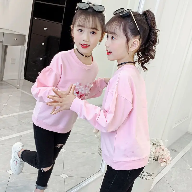 

Футболка Long Sve для девочек, осенняя одежда, новинка 2025 года, детский круглый свитшот Ne, универсальная, среднего и большого размера, детская корейская одежда...