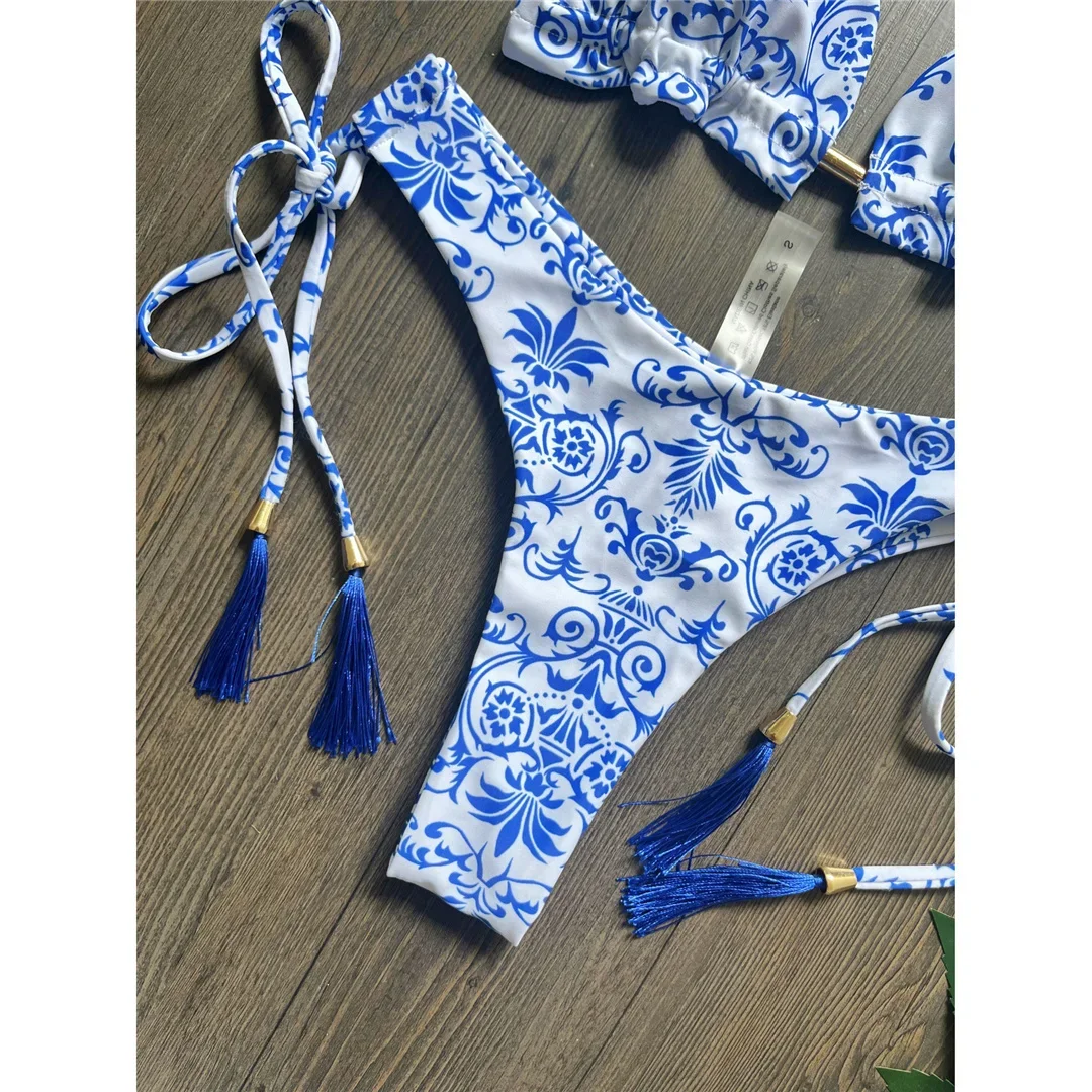 女性用ホルターネックビキニ,花柄のセクシーなブラジルの水着,ツーピースセット,水着,v6070