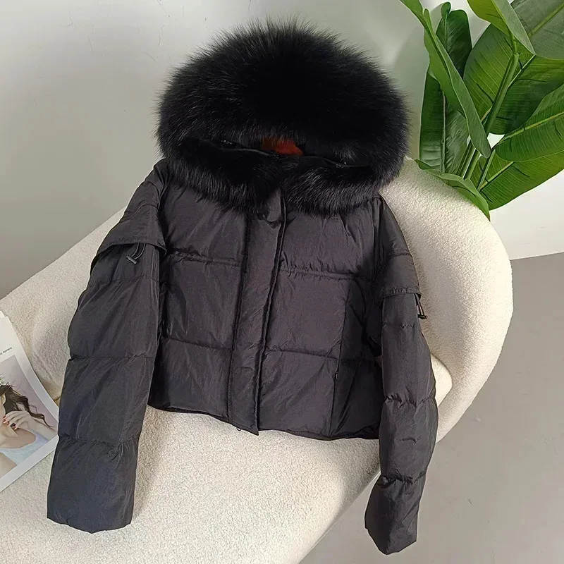 

2024 Detachable Sleeve Real Raccoon Fur Collar Jacket Outerwear Streetwear Duck Down Loose Autumn Winter Women Hooded Fashionabl