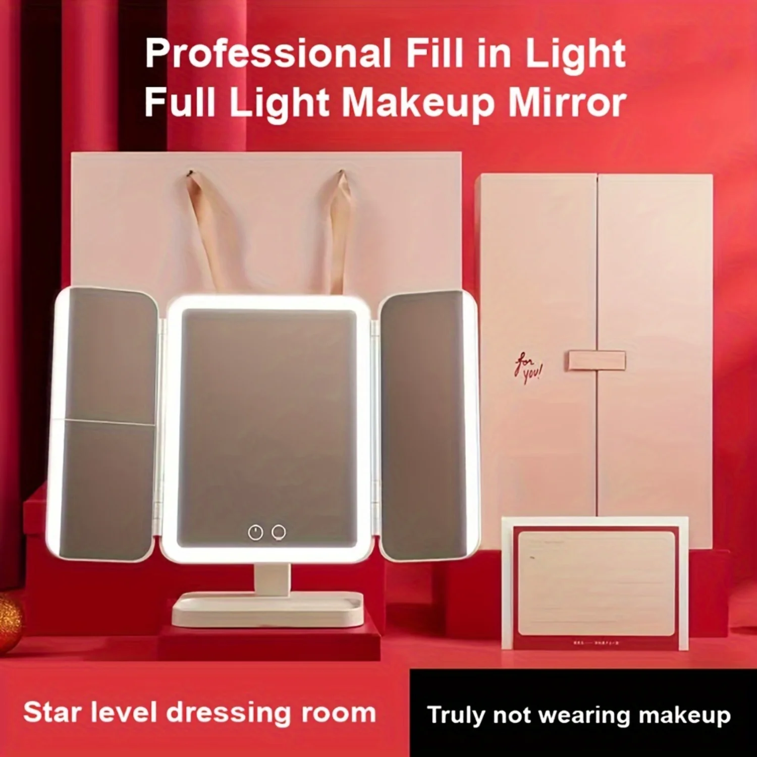 1pc, LED Tri-Fold Makeup Mirror, Lighted Vanity Mirror Double Door Desktop Cosmetic Mirror, Birthday Gift Idea, Beauty Makeup To