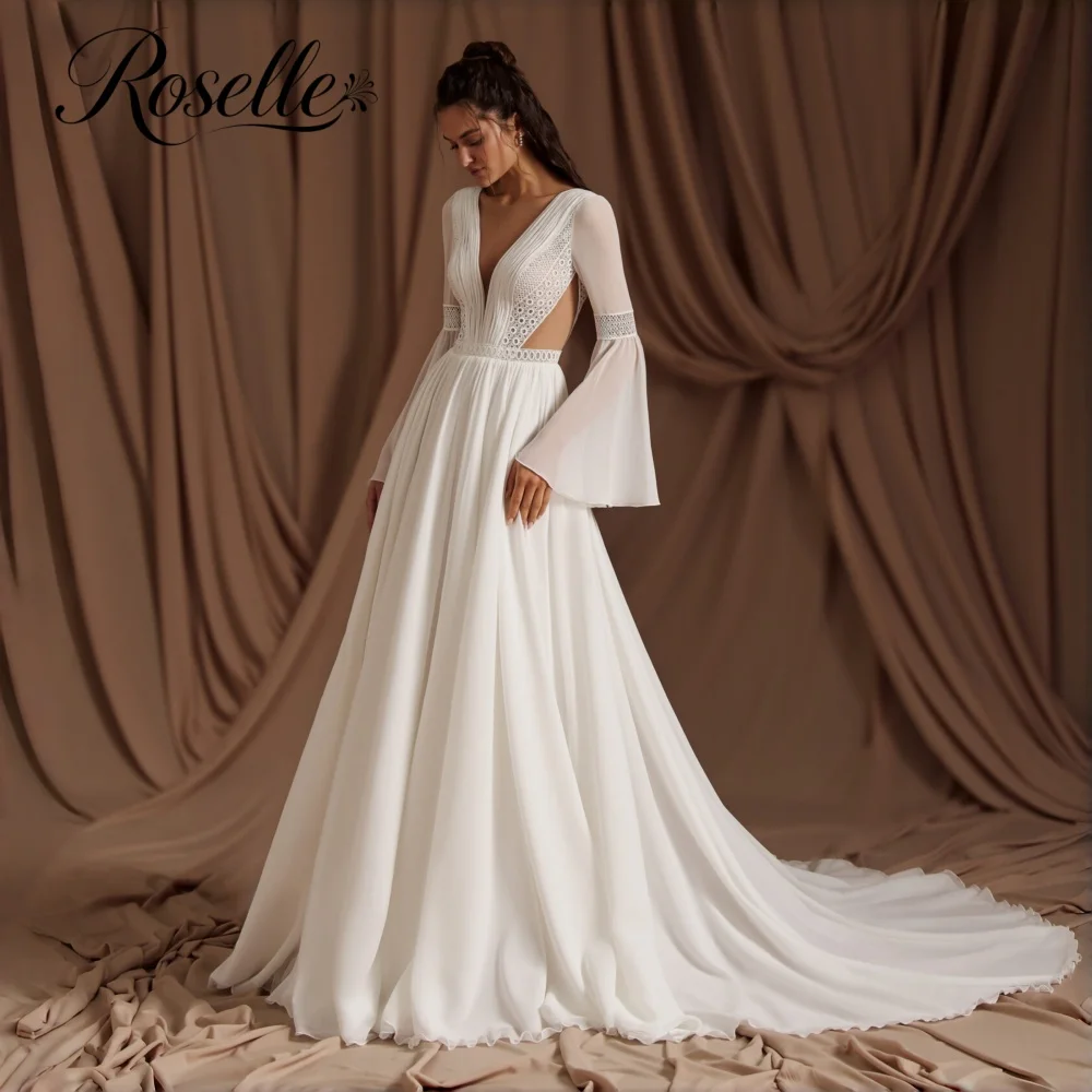 ROSELLE Deep V-Neck Flare Long Sleeve A-Line Wedding Dress Cut Out Chiffon Sweep Train  2026 Bridal Customized Vestido De Novia