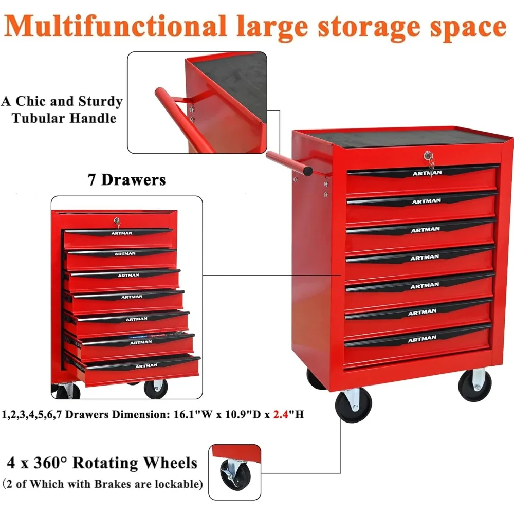 Многофункциональный ящик для инструментов на колесиках с 7 ящиками, сверхмощная тележка для инструментов на колесах, органайзер для хранения для мастерской и склада