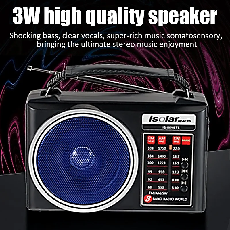Tragbares FM/AM/SW-Radio, Solarladung, Multiband-Notfallradios, Empfänger, leistungsstarker Bluetooth-Lautsprecher mit Taschenlampe, USB