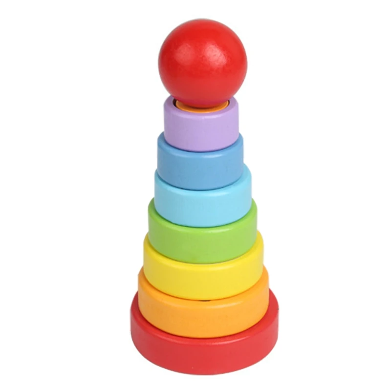 Wooden Rainbow Tower Toys Geometric Stacking Cup Color Rainbow Stacking Ring Tower