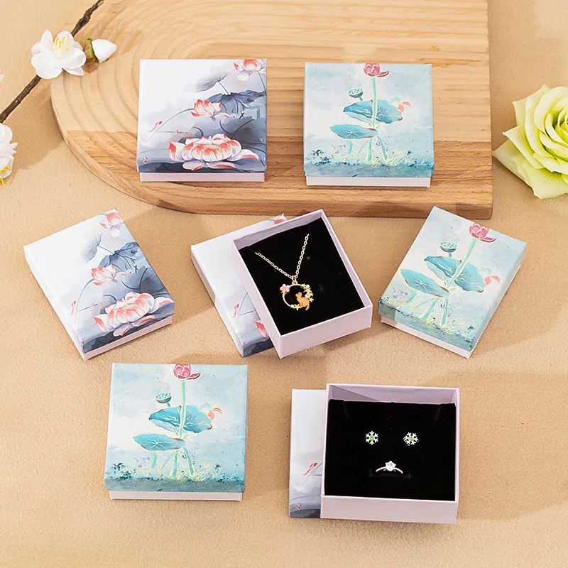 12pcs Chinoiserie Lotus Gift Box Jewelry Necklace Earrings Display For Wedding Valentine's Day Favors Packaging Case