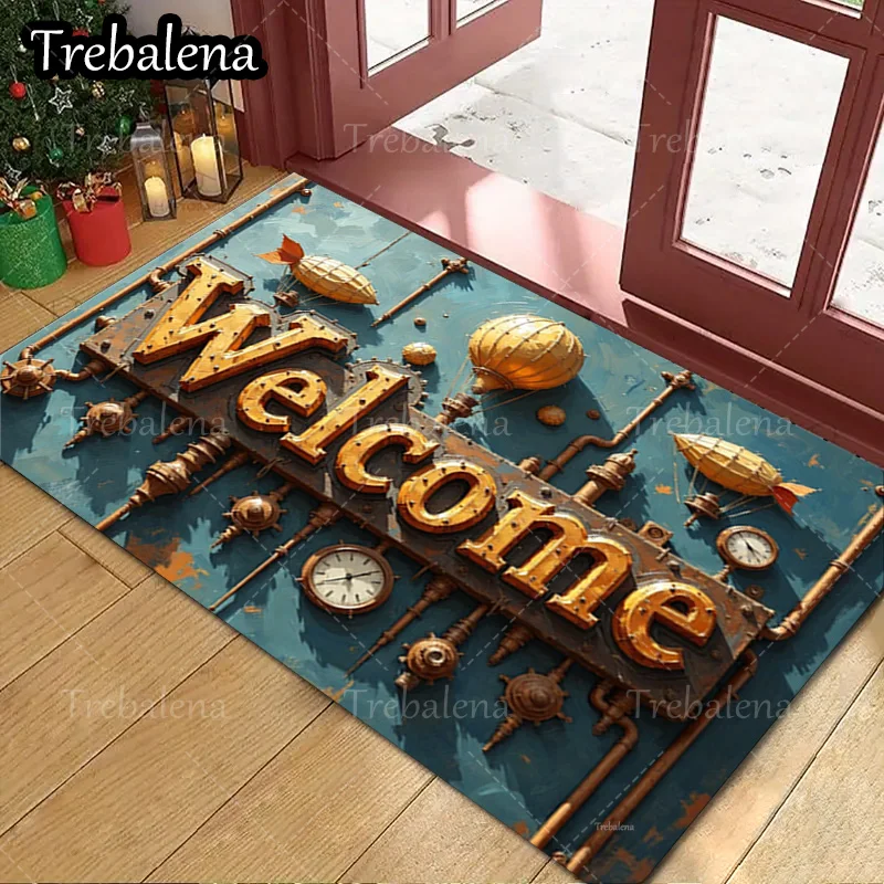 

1pc Welcome Door Mat Steampunk Welcome Mat with Airship and Clock Design for Home Decor